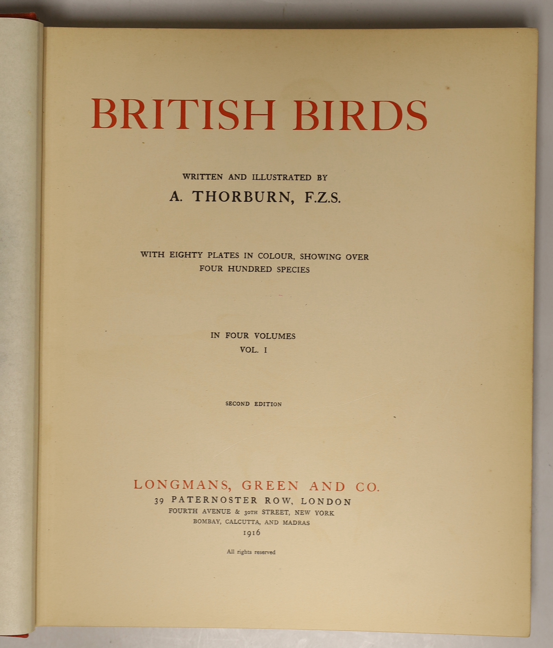 Thorburn, Archibald - British Birds. 2nd edition, 4 vols. 80 coloured plates (with guards); publisher's gilt ruled and lettered cloth, roy. 4to. 1916